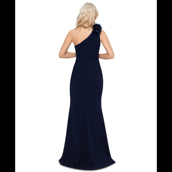 NWT Xscape Floral Applique One Shoulder Gown‎ in Navy [ PETITE 8P ] - Picture 4 of 12